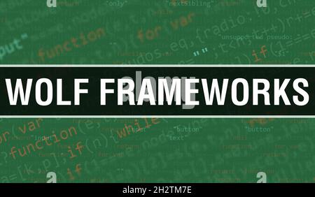 Illustration du concept WOLF Frameworks utilisant le code pour le développement de programmes et d'applications.Wolf Frameworks code de site Web avec des balises colorées dans la vue de navigateur sur d Banque D'Images