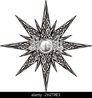 Star Sun Old Vintage style gravé Compass Rose Illustration de Vecteur