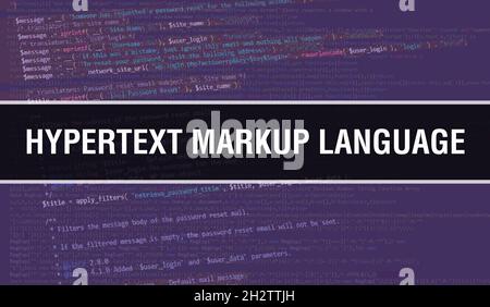 Illustration du concept HyperText Markup Language utilisant du code pour le développement de programmes et d'applications.Code de site Web HyperText Markup Language avec balises colorées Banque D'Images
