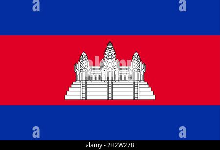 Royaume du drapeau national du Cambodge - vecteur, Kampuchea, trois bandes horizontales de bleu, rouge et bleu, avec une représentation d'Angkor Wat en blanc centré Illustration de Vecteur