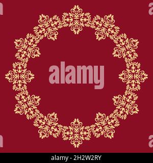 Motif rond antique.Bordure en dentelle dorée sur fond rouge.Placer pour le texte.Or, rouge.Ornement pour la décoration des cartes et des invitations. Illustration de Vecteur