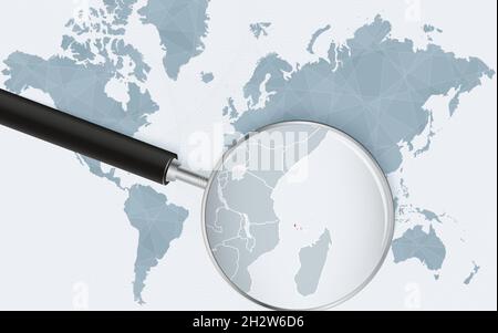 Carte du monde avec une loupe pointant vers les Comores.Carte des Comores avec le drapeau dans la boucle.Illustration vectorielle. Illustration de Vecteur