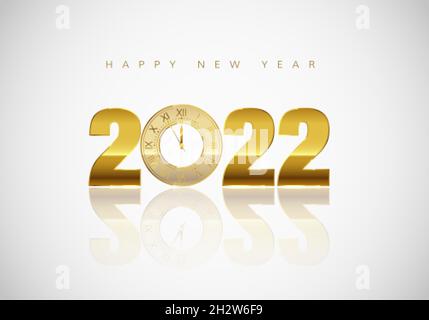 Carte de vœux du nouvel an.Golden Clock au lieu de zéro en 2022.Élément de décoration des fêtes pour bannière ou invitation.Compte à rebours pour les fêtes de minuit.Vecteur Illustration de Vecteur