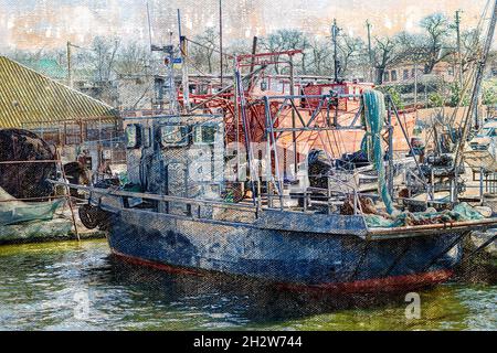 Une barge de pêche amarrée à la jetée.Pêche industrielle.Aquarelle numérique Banque D'Images