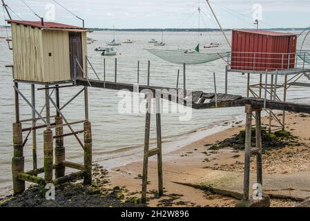 Cabanes et filets de pêche tout le long de la rive à St Nazaire, France Banque D'Images