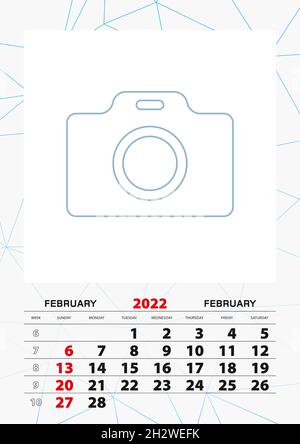 Modèle de calendrier mural pour le 2022 février, la semaine commence le dimanche.Illustration vectorielle. Illustration de Vecteur