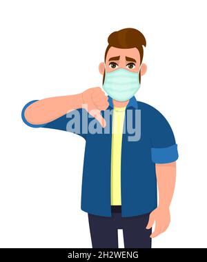 Jeune homme hipster couvrant le visage avec un masque médical et montrant le symbole du pouce vers le bas.Personne portant une protection hygiénique du visage et gestant mauvais ou negat Illustration de Vecteur