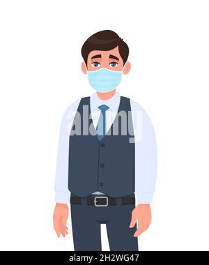 Jeune homme d'affaires portant un masque médical.Personne tendance en gilet de costume couvrant la protection du visage contre les infections virales.Concept de style de vie moderne. Illustration de Vecteur