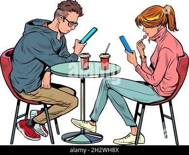 un couple à une date dans un restaurant regardent les smartphones et non pas parler, solitude et nouvelles technologies Illustration de Vecteur