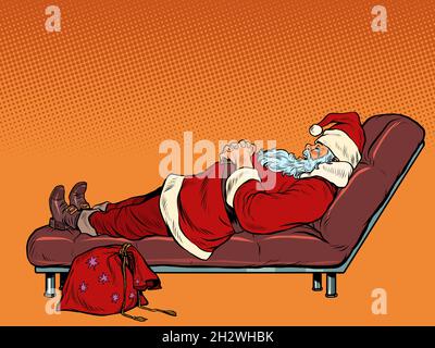 Le Père Noël dort sur le canapé.Nuit de Noël.Repos après les vacances Illustration de Vecteur