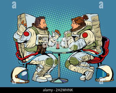 Un couple d'astronautes, homme et femme, date dans un café.Rencontrer deux amis Illustration de Vecteur