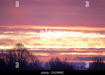 un puissant ciel multicolore avec le lever du soleil qui semble déclencher le feu sur des marais de nuages de cirrus Banque D'Images