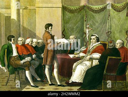 Le Pape Pie VII reçoit une proposition de nouvel accord à Fontainebleau 1811 le Pape Pie VII 25 mars 1814 l'Italie, italienne (emprisonnement de Pie VII et annexion à la France (Napoléon kidnappé un Pape après la mort d'un autre Pape Pie VI en captivité, Alors que son successeur à lui, le pape Pie VII, a été pris en otage pendant cinq ans.) 251st Pape de l'Église catholique, Banque D'Images