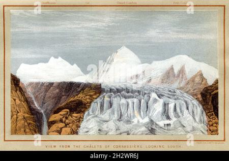 Un imprimé lithographique de 1859 intitulé "vue des Chalets de Corbassière vers le sud", représentant le glacier de Corbassière dans le massif du Grand Combin dans les Alpes Pennines, dans le sud-ouest du Valais, en Suisse.Au loin se trouvent les montagnes Graffeneire, Grand Combin et petit Combin. Banque D'Images