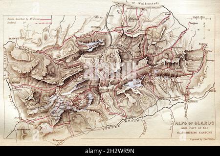 Une carte de 1859 intitulée "Alpes de Glaris et une partie des cantons voisins".Les Alpes de Glaris sont une chaîne de montagnes du centre de la Suisse qui sont bordées par les Alpes Uri et les Alpes de Schwyz à l'ouest, les Alpes de Leponntine au sud, les Alpes d'Appenzell au nord-est.La carte montre les itinéraires décrits par l'alpiniste, M. Forster. Banque D'Images