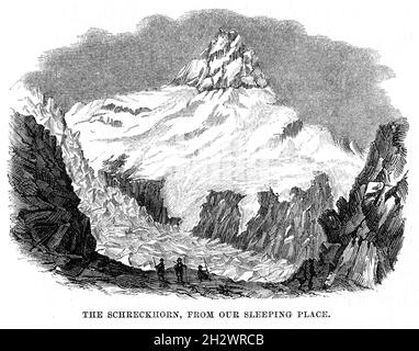 Une illustration en bois de 1859 intitulée « le Schreckhorn, de notre lieu de couchage ».Représente la vue de la montagne Schreckhorn depuis l’alpiniste, le camp de M. Anderson sur le glacier supérieur de Grindelwald, dans le canton de Berne, en Suisse. Banque D'Images