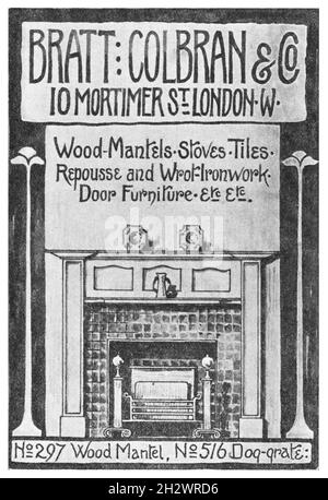 Une publicité de style "Arts & artisanat" en 1902 faisant la promotion de "Bratt, Colbran & Co." du 10 Mortimer St., Londres, W. "Bois-Mantels, poêles, tuiles,Repousse et Wrot-Ironwork, mobilier de porte, etc.”. Banque D'Images