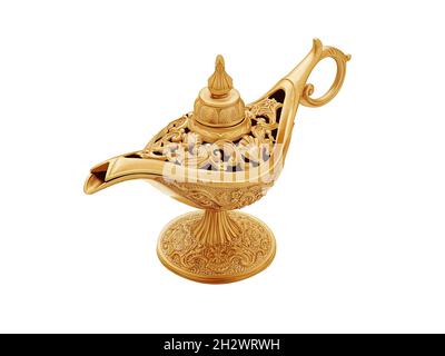 Lampe magique de couleur dorée de style arabe oriental isolée sur blanc, vue de dessus et vue latérale Banque D'Images