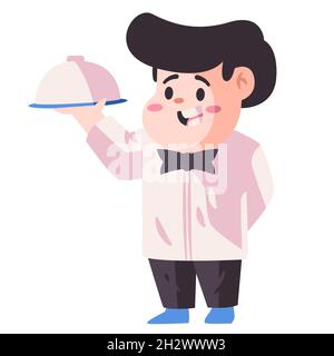 maître d'hôtel pour enfants enfants dans un restaurant utilisant un uniforme et une assiette qui contient le repas à servir Illustration de Vecteur