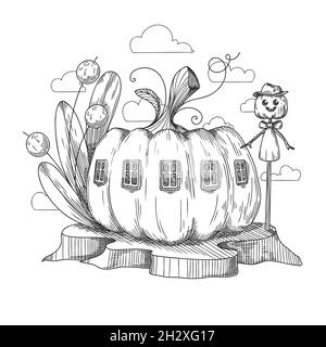 Esquisse d'une fantastique maison de citrouille.Maison de gnome de citrouille.Illustration vectorielle. Illustration de Vecteur