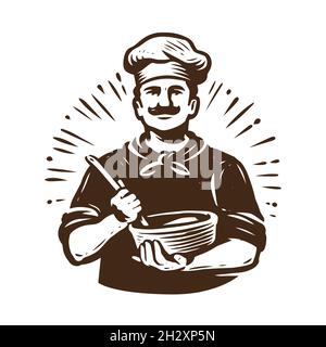 Le chef fouette la pâte avec un fouet culinaire pour la cuisson.Emblème de cuisine de style vintage.Illustration vectorielle Illustration de Vecteur