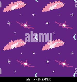 Motif sans couture avec lune, étoiles, avion et nuages.Fond violet. Illustration de Vecteur