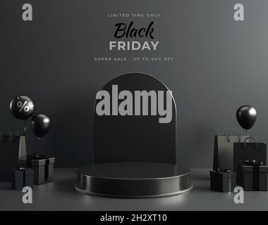 Pied de podium noir complet avec substance sombre pour le Black Friday, présentation en rendu 3D.Plate-forme élégante pour le marketing promotionnel rabais an Banque D'Images