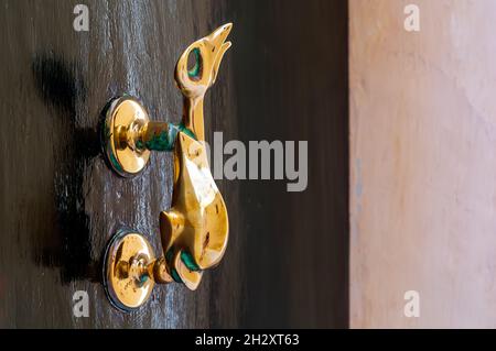 Gros plan d'un knock d'époque en laiton comme dauphin avec une queue en forme de trident à la porte en bois noir.Porte noire avec quincaillerie en laiton moulé avec patine. Banque D'Images