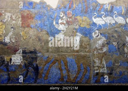 Peintures murales d'Afrasiab, peintures des Ambassadeurs, Musée d'Afrasiab, Afrosiyob-Samarqand shahar tarixi muzeyi, Samarkand, Ouzbékistan, Asie centrale Banque D'Images