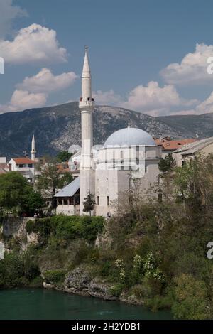 Bosnien-Herzegowina, Mostar, Koski Mehmed-Pascha Moschee, vieille ville, mosquée Koski Mehmed pasa, en face de la rivière Neretva; Bosnie-Herzégovine Banque D'Images