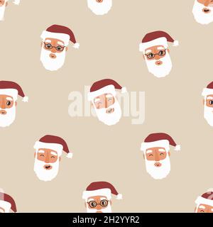 Motif Père Noël heureux sans coutures.Illustration de Noël vectoriel de têtes de Père Noël, fait face à des émotions sur fond beige. Illustration de Vecteur