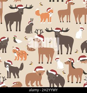 Animaux de la forêt de Noël motif sans couture dans les chapeaux de père Noël.Caricature vecteur isolé renard loup ours cub, wapiti, cerf, cerf de Virginie, hérisson,lièvre, canard, canard Illustration de Vecteur