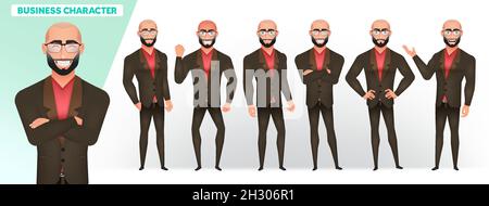 Jeu de vecteurs de caractères homme d'affaires.Personnage de patron d'homme d'affaires debout avec des expressions du visage heureux, souriant et en colère pour l'employé de Manager. Illustration de Vecteur