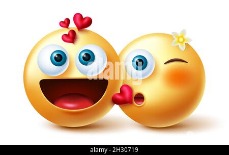 Emoji couple Smileys vecteur concept conception.Smiley 3d des personnages d'amour dans le geste de baiser avec des sentiments romantiques et l'expression pour les amoureux émoticône. Illustration de Vecteur