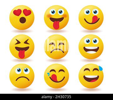 Ensemble de vecteurs d'émoticônes Smileys.Emojis smiley icône dans les expressions du visage heureux, drôle et délicieux isolé en fond blanc pour les visages jaunes émoji. Illustration de Vecteur