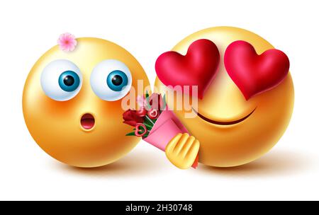 Emoji couple Valentin vecteur conception.personnage en 3d inlove smiley emojis avec bouquet de fleurs pour la saint-valentin et l'émoticône anniversaire. Illustration de Vecteur