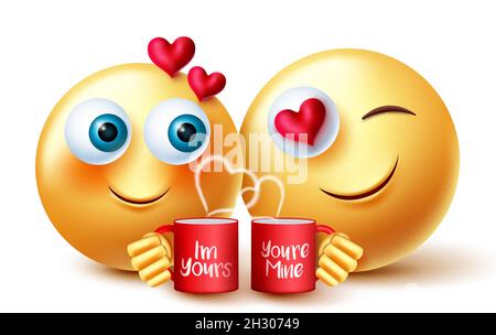 Smileys valentins amoureux de la conception de vecteur.Smiley 3d emoji personnage inlove tenant une tasse de café avec des sentiments romantiques expression pour l'amour Valentin. Illustration de Vecteur