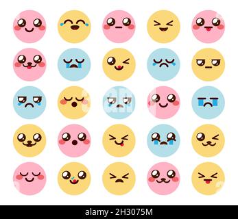 Kawaii smileys chibi vecteur ensemble.Émoticone mignon dessin animé emojis expression avec heureux, sourire, triste et rougir dans les visages colorés pour kawaii chibis. Illustration de Vecteur