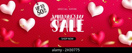 Arrière-plan de la bannière vectorielle de la promotion de la Saint-Valentin.Texte de l'offre spéciale Saint-Valentin dans un espace rouge avec jusqu'à 50 % de réduction sur les achats de Saint-Valentin. Illustration de Vecteur