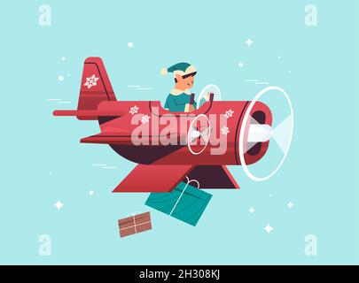 elf avion volant avec des cadeaux joyeux noël bonne année vacances hiver célébration concept carte de voeux Illustration de Vecteur