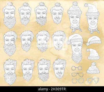 Ensemble avec tête d'homme senior positive portant le chapeau du Père Noël.Il y a des vêtements de taille basse sympa et souriant.Illustration vectorielle avec Noël et nouvel an Illustration de Vecteur