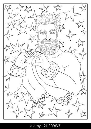 Beau Père Noël montrant le symbole du cœur sur fond avec des étoiles.Page de coloriage de dessin au trait noir et blanc.Illustration vectorielle avec Noël Illustration de Vecteur