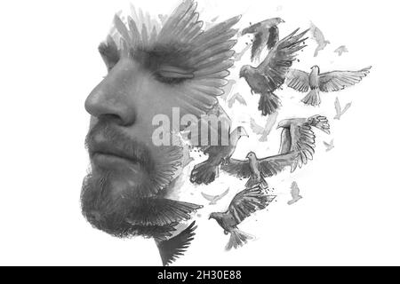 Un portrait noir et blanc d'un beau homme combiné à une peinture d'oiseaux volants.Peinture. Banque D'Images