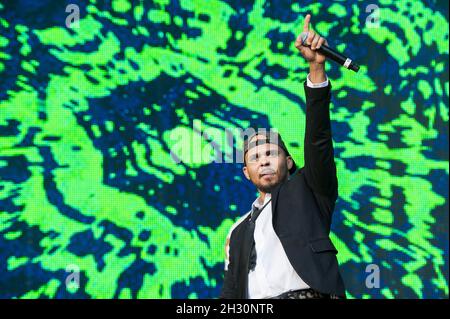 Walshy Fire du Major Lazer se produit le jour 4 du festival Bestival 2014, Robin Hill Country Park, île de Wight. Banque D'Images