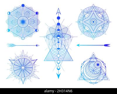 Ensemble vectoriel de symboles de géométrie Sacrée avec lune, soleil et flèches sur fond blanc.Collection de signes mystiques abstraits.Formes linéaires colorées.Pour vous Illustration de Vecteur