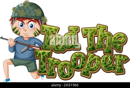 Ted The Trooper logo texte avec une illustration de fusil de maintien de garçon Illustration de Vecteur