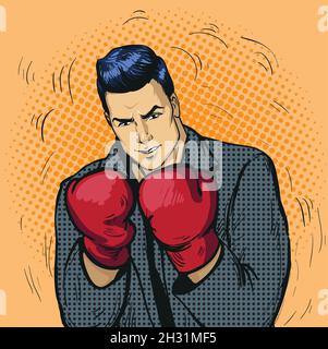 Homme en gants de boxe illustration vectorielle dans le style de l'art pop comique.Homme d'affaires prêt à combattre et à protéger son concept d'entreprise Illustration de Vecteur