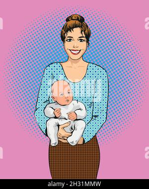 Femme tenant une illustration vectorielle enfant dans un style pop art rétro.Mère avec son poster de dessin comique enfant Illustration de Vecteur