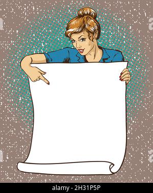 Femme tient une affiche vierge en papier blanc.Illustration vectorielle style rétro de la bande dessinée pop art.Mettez votre propre modèle de texte Illustration de Vecteur