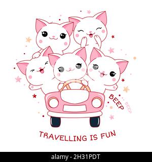 Les amis adorables voyagent en voiture.Les chats aventuriers voyagent en voiture.Inscription voyager en plaisir.Cinq chatons blancs kawaii en voiture rose.Peut être utilisé Illustration de Vecteur